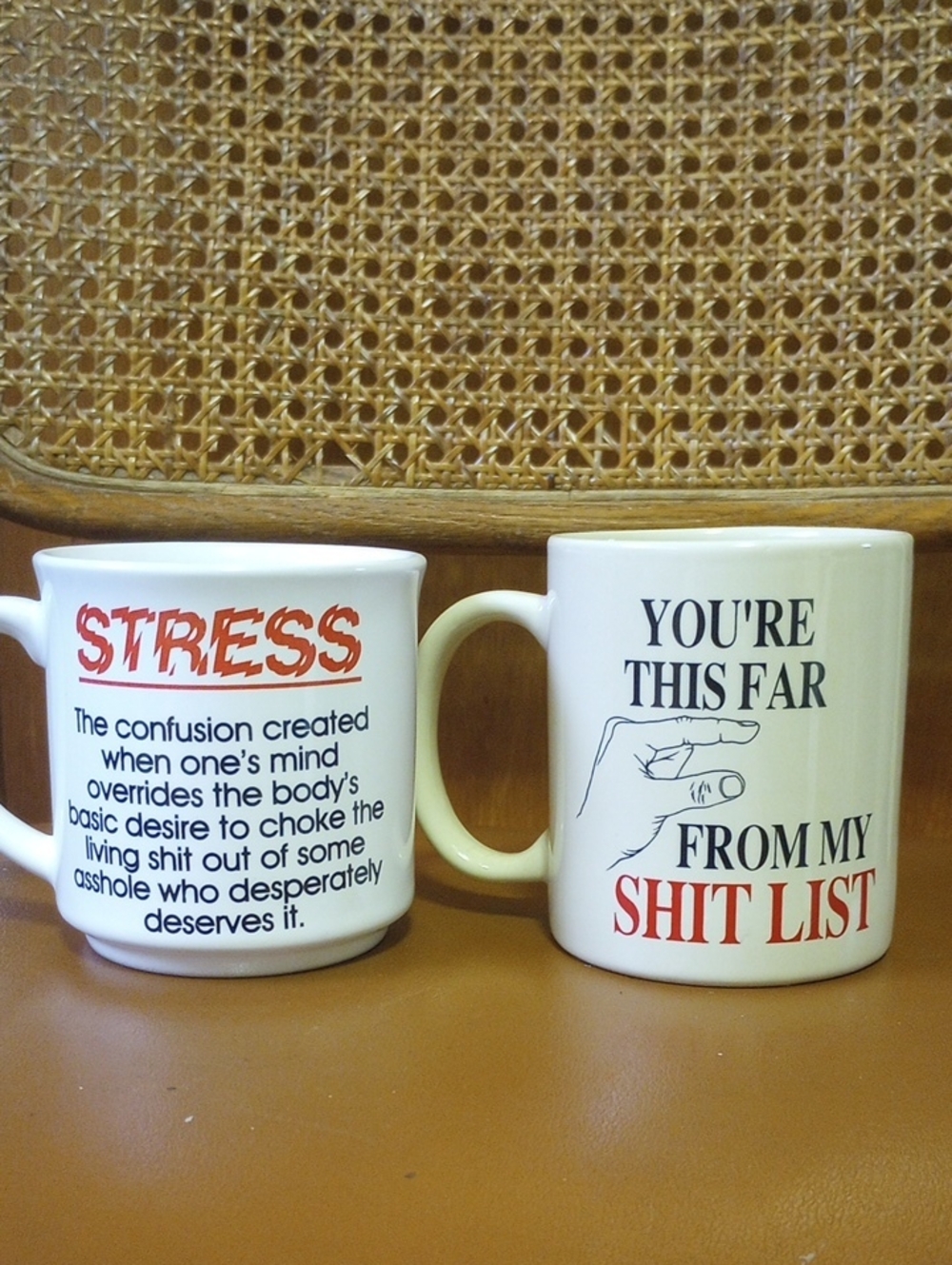 Lot of 2 Ceramic Vintage Coffee Mugs, Stress & Sh*t List. White Red Black Cream